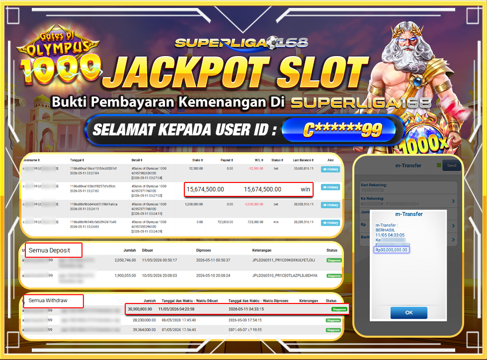 SUPERLIGA168 JJACKPOT GATES OF OLYMPUS 1000 Rp.30,000,000LUNAS